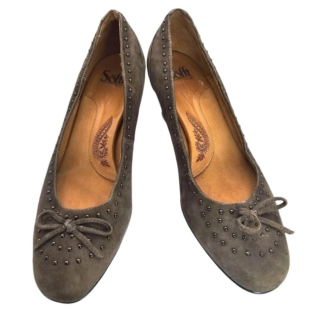 Söfft 9.5M Kalliope Nimbus Grey Suede Heels Studded Bow